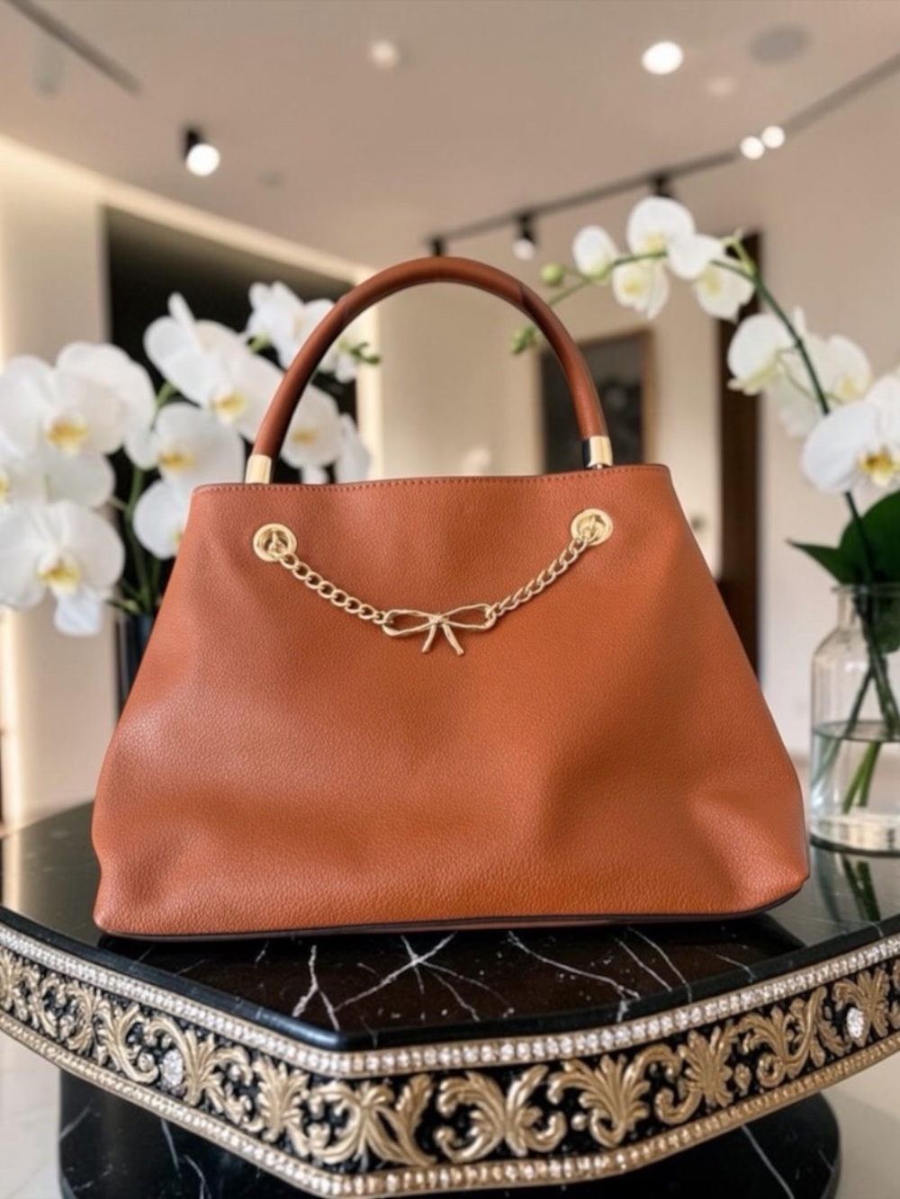 LC Lauren Conrad Tan Tote with Gold Chain Accent